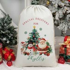 May include: A cream Christmas sack with a drawstring. It features a festive illustration of Santa Claus, a snowman, and a reindeer, with a Christmas tree. The text "SPECIAL DELIVERY FOR Phyllis" is printed on the sack.