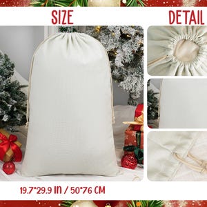 May include: A large, off-white drawstring bag, ideal for gifts. The bag is made of a textured fabric and features a natural-coloured drawstring closure. The bag measures 50 x 76 cm. The word "SIZE" is at the top.