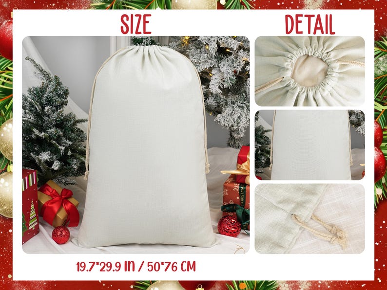 May include: A large, off-white drawstring bag, ideal for gifts. The bag is made of a textured fabric and features a natural-coloured drawstring closure. The bag measures 50 x 76 cm. The word "SIZE" is at the top.