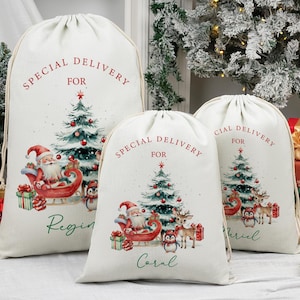 May include: Three cream-coloured Christmas gift bags with drawstring tops. Each bag has a festive design featuring Santa Claus, a Christmas tree, and the words "Special Delivery For".
