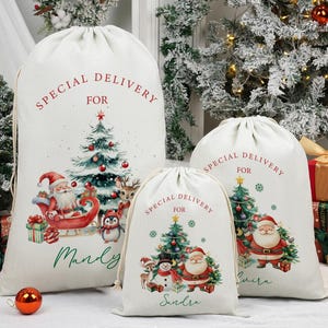 May include: Three white Christmas gift sacks with drawstring closures. Each sack features a festive design with a Christmas tree, Santa Claus, and the text "Special Delivery For". The sacks are decorated with red and green accents.