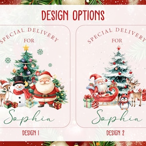 May include: Two Christmas-themed designs with the text "Special Delivery For Sophia". Design 1 features Santa, a snowman, a deer, and a Christmas tree. Design 2 shows Santa in a sleigh, a deer, a penguin, and a Christmas tree. The words "Design Options" are at the top.