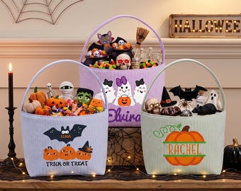 Halloween-Süßigkeitenkorb, personalisierter Süßigkeiteneimer für Kinder, personalisierte Süßigkeitentüte mit Namen, gestreifter Halloween-Süßigkeitenhalter