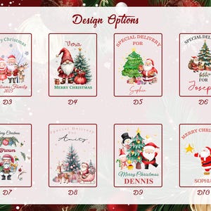 May include: A selection of Christmas designs, each with festive illustrations and text. Designs include Santa Claus, Christmas trees, gnomes, and reindeer. Text includes "Merry Christmas", "Special Delivery", and personalized names.