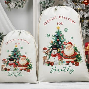 May include: Two white Christmas gift sacks with drawstring closures. The sacks feature a festive design with a Christmas tree, Santa Claus, a snowman, and a reindeer. The text "Special Delivery For" is printed in red, with a name in green.