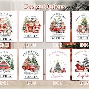 May include: A selection of Christmas designs with Santa Claus, festive imagery, and text. Designs include Santa with a penguin, a fireplace, a red truck, and a Christmas tree. Each design includes the name "Sophia".