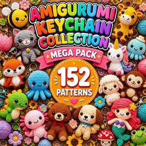 May include: A collection of 152 amigurumi crochet patterns featuring various stuffed animal keychains including a bee, cat, giraffe, fox, octopus, unicorn, sheep, monkey, dinosaur, axolotl, bear, dog, mermaid, and mushroom with colorful text.