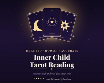 Puede incluir: Un gráfico de color púrpura oscuro que muestra tres cartas de tarot con símbolos celestiales dorados: una luna creciente, un sol y una estrella. El texto dice: FATUMEA, DETAILED HONEST ACCURATE, Inner Child Tarot Reading, reconnect with and heal your inner child, rated 5.0 trusted by hundreds, WRITTEN IN THE STARS.