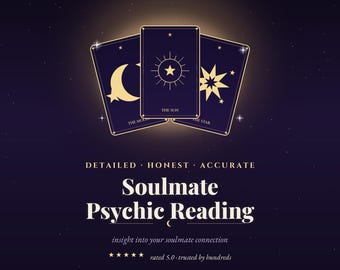 May include: Three dark blue tarot cards with gold celestial symbols including a crescent moon, a sun, and a star. Text reads FATUMEA, DETAILED HONEST ACCURATE, Soulmate Psychic Reading, insight into your soulmate connection, rated 5.0 trusted by hundreds, WRITTEN IN THE STARS.