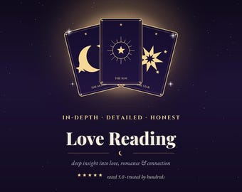 Puede incluir: Tres cartas de tarot azul oscuro con símbolos celestiales dorados de una luna creciente, un sol y una estrella. El texto dice FATUMEA, IN-DEPTH DETAILED HONEST, Love Reading, deep insight into love, romance & connection, rated 5.0 trusted by hundreds, WRITTEN IN THE STARS.