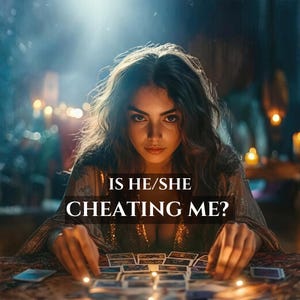 May include: A woman with long wavy hair looks directly at the viewer. The image has text that reads "IS HE/SHE CHEATING ME?" The woman is surrounded by candles and tarot cards, suggesting a theme of divination and fortune-telling.