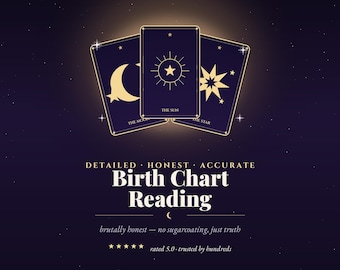 Könnte beinhalten: Eine dunkelviolette Grafik mit drei Tarot-Karten und goldenen Himmelsymbolen. Der Text lautet: FATUMEA, DETAILED HONEST ACCURATE Birth Chart Reading, brutally honest—no sugarcoating, just truth, rated 5.0 trusted by hundreds, WRITTEN IN THE STARS.