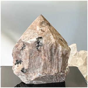 Mix Mineral Crystal Point With Natural Sides Black Tourmaline Smoky Quartz In Feldspar Peach Moonstone Matrix Item 001