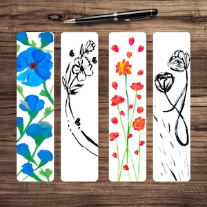 Hand-Drawn Floral Bookmark Set – Printable Digital Download, 4 Watercolor-Inspired Bookmarks