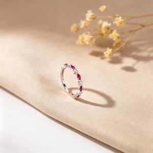 Dainty Ruby & Diamond Stacking Ring, 925 Sterling Silver Marquise Cut Eternity Band, Pink Gemstone Minimalist Ring, Anniversary Gift for Her