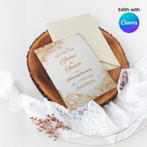 Elegante goldene Hochzeitseinladungsvorlage | Druckbare Save-the-Date-Karte | Klassische florale Hochzeitseinladung | Sofortdownload | Bearbeitbares Canva