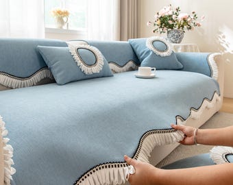 Non-Slip Chenille Cotton Sofa Cover,Washable Couch Pad,Elegant Scalloped Edge Couch Protector