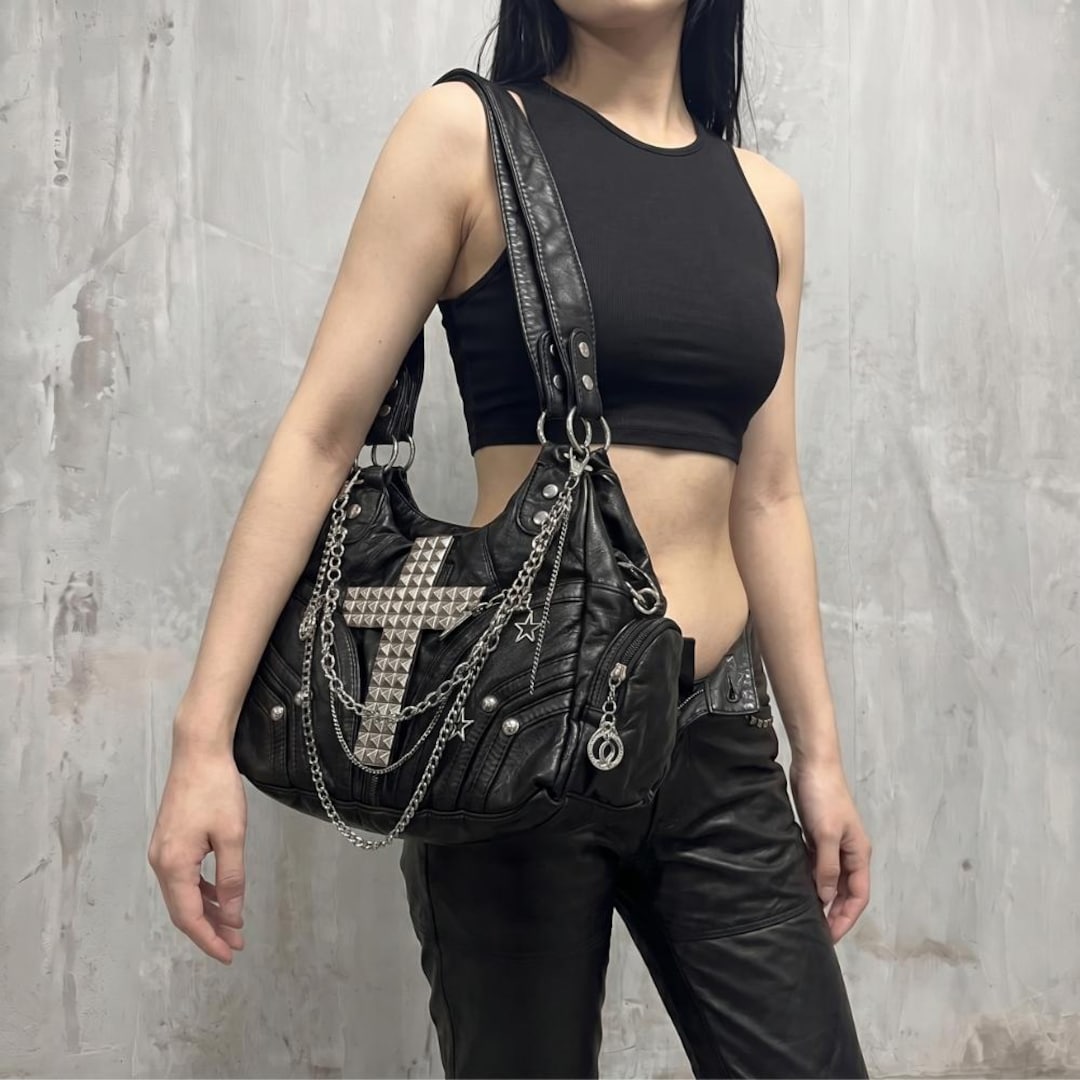 Gothic Black Y2K Goth Cross Studded Hobo Bag, Chain Charm Shoulder