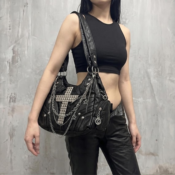 Gothic Black Y2K Goth Cross Studded Hobo Bag, Chain Charm Shoulder 