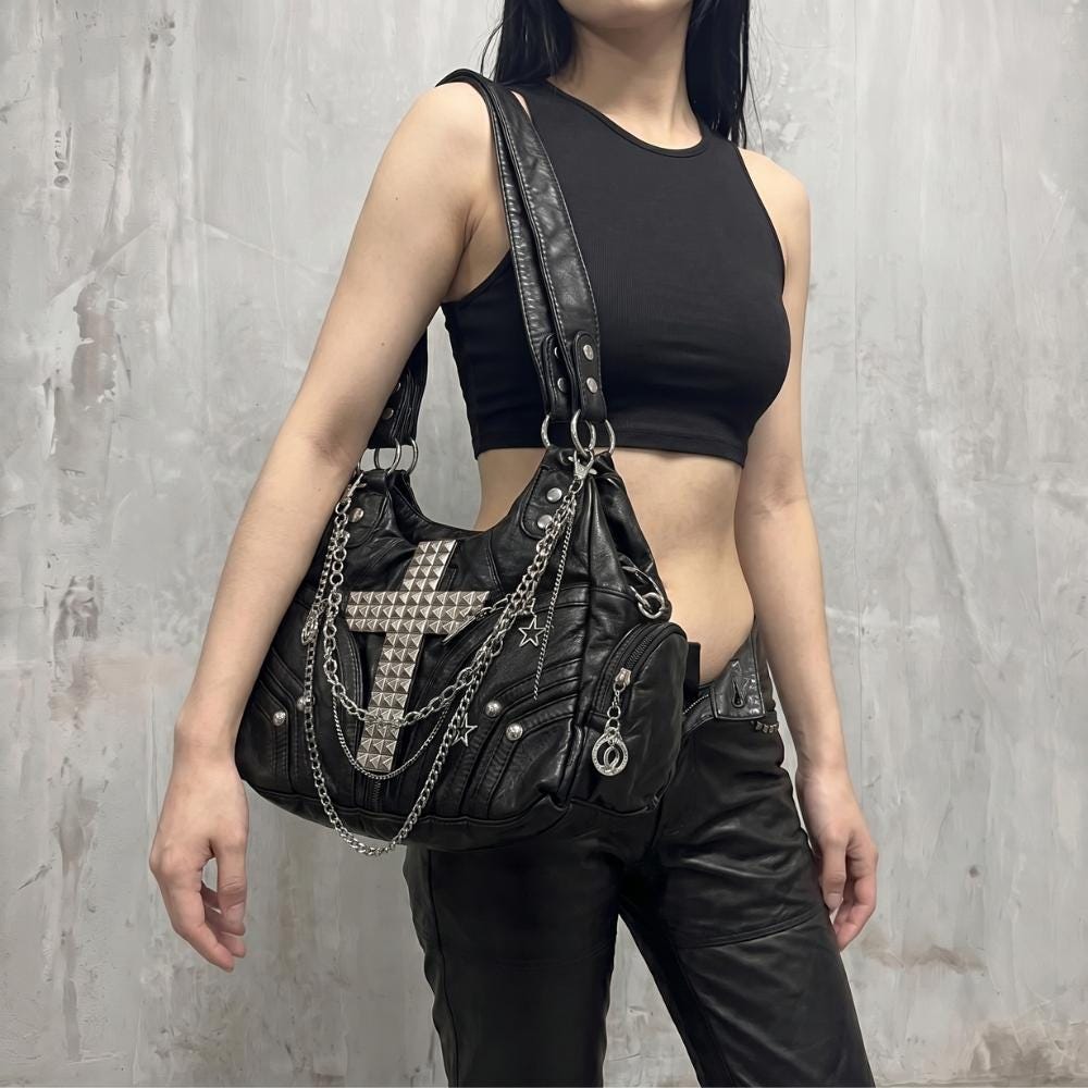 Gothic Black Y2K Goth Cross Studded Hobo Bag, Chain Charm Shoulder