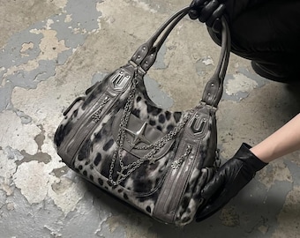 Gray Leopard Y2K Goth Hobo Bag, Silver Star Cross Chain Charm Shoulder Purse, Slouchy Moto Handbag, Alt Grunge Crossbody Tote