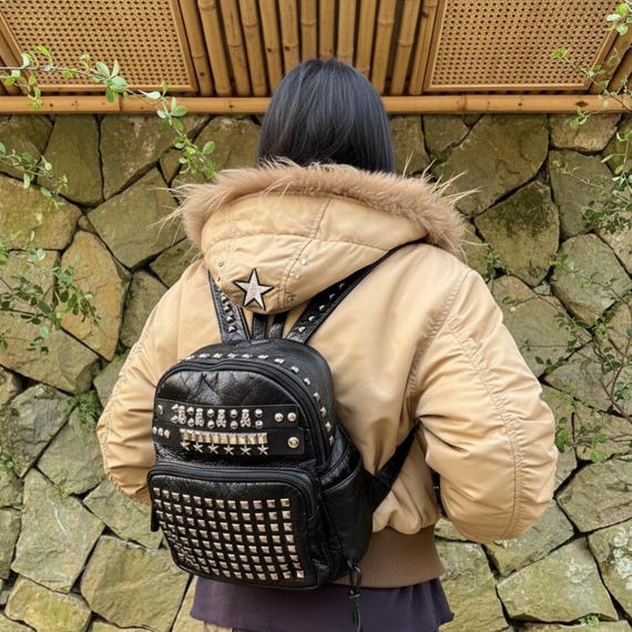 Studded Punk Mini Backpack: Gothic Black Faux Leather Skull  display picture 2