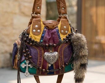 Patchwork Colorblock Dome Bag: Y2K Boho Hippie Style with Heart Charm