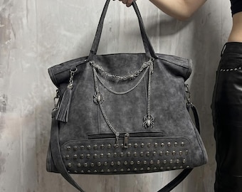 Gothic Spider Chain Studded Tote Bag: Y2K Punk Crossbody