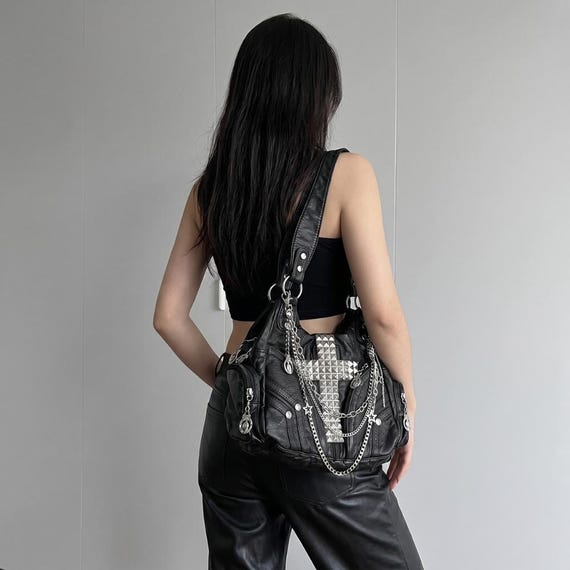 Gothic Black Y2K Goth Cross Studded Hobo Bag, Chain Charm Shoulder