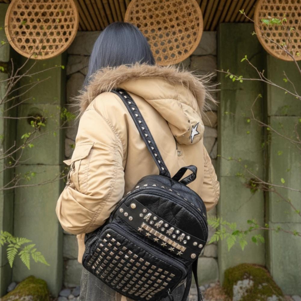 black studded mini backpack Faux Leather Gothic Rhinestone Motorcycle Biker Mall Goth Bag and Purse This compact backpack features two zippered compartments Icing Black Studded Mini Backpack