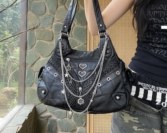 Y2K Gothic Heart Chain Shoulder Bag | Star Charm Black Hobo