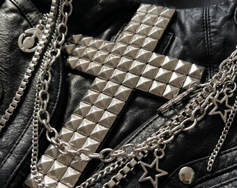 Gothic Black Y2K Goth Cross Studded Hobo Bag, Chain Charm Shoulder