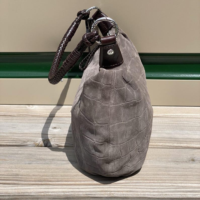 Brighton Croc Embossed Suede Hobo Shoulder Bag Braided Strap Gray image 4
