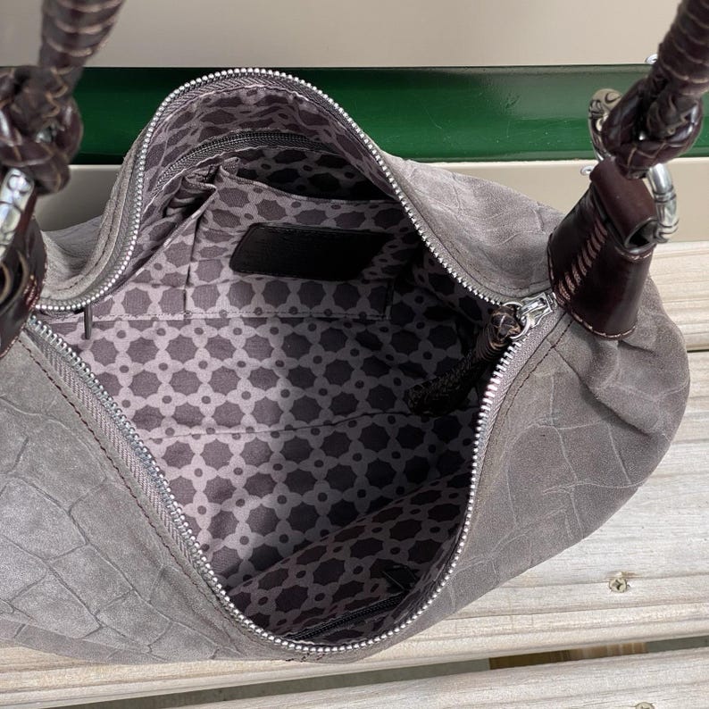 Brighton Croc Embossed Suede Hobo Shoulder Bag Braided Strap Gray image 10