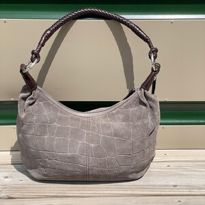 Brighton Croc Embossed Suede Hobo Shoulder Bag Braided Strap Gray image 3