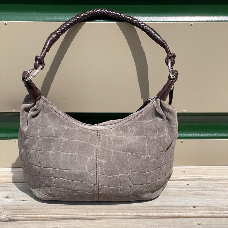 Brighton Croc Embossed Suede Hobo Shoulder Bag Braided Strap Gray image 3