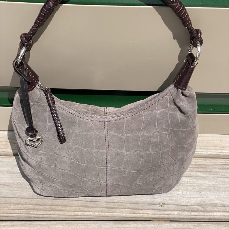 Brighton Croc Embossed Suede Hobo Shoulder Bag Braided Strap Gray image 9
