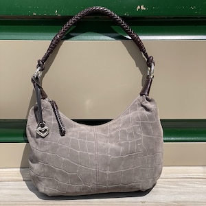 Brighton Croc Embossed Suede Hobo Shoulder Bag Braided Strap Gray image 1