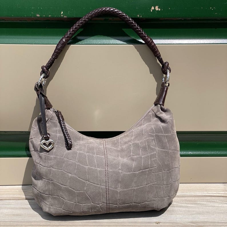 Brighton Croc Embossed Suede Hobo Shoulder Bag Braided Strap Gray image 1