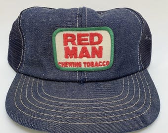 Vintage Red Man Chewing Tobacco Snapback Mesh Back Hat Denim Size 6 3/4-7 1/2