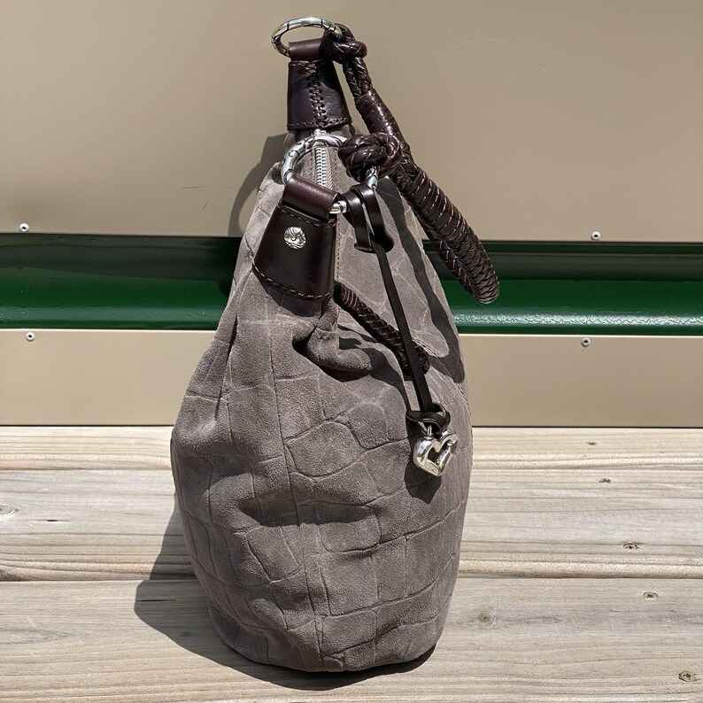 Brighton Croc Embossed Suede Hobo Shoulder Bag Braided Strap Gray image 2