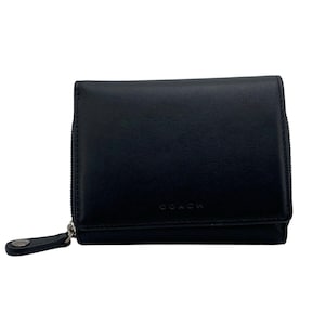 Cartera vintage Coach de piel curtida negra con cremallera y ventana para identificación