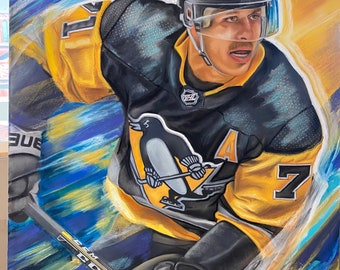 Impression d&#39;art des Penguins de Pittsburgh 8 x 10 po. Hockey Evgeni « Geno » Malkin par Tempy Moore Oeuvre d&#39;art couleur cadeaux de sport art mural