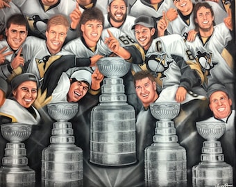 Penguins de Pittsburgh Crosby, Malkin, Lemieux, impression d&#39;art Oeuvre d&#39;art originale Peinture par Tempy Moore Hockey LNH, cadeaux d&#39;art mural sport pour enfants