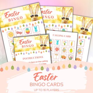May include: A set of 16 Easter Bingo cards featuring a bunny wearing sunglasses. The cards have a yellow background with a watercolor effect. The calling card includes images of Easter eggs, bunnies, carrots, flowers, and other Easter-themed items.