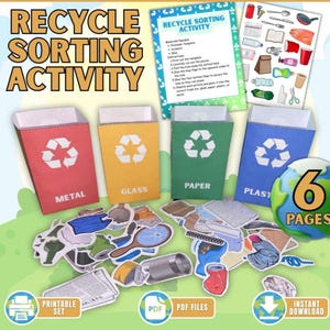 Può includere: Un'attività di riciclaggio stampabile per bambini. Il set include sei pagine con quattro diversi bidoni per la raccolta differenziata: metallo, vetro, carta e plastica. Ogni bidone ha un simbolo di riciclaggio e la parola per il materiale stampata su di esso. Ci sono anche diverse immagini di oggetti che possono essere riciclati, come lattine, bottiglie, giornali e sacchetti di plastica.