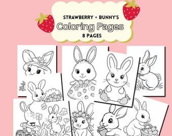 Bunny Coloring Pages, Easter Bunny Coloring Books for Kids, Spring Coloring Pages for Preschool, Strawberry, Garden, Rabbit, Printable PDF