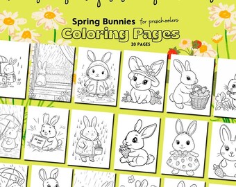 May include: A set of 20 black and white coloring pages featuring bunnies in various spring-themed scenes. The pages include bunnies wearing raincoats, holding baskets of strawberries, and riding bikes.