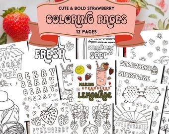 Strawberry Coloring Page, Adult Coloring Pages, Anxiety Relief Coloring Pages, digital coloring book, strawberry, cute, bold, Printable PDF