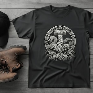 Viking Mjölnir Shirt • Norse Mythology Tee • Thor’s Hammer T‑Shirt • Nordic Knotwork Graphic • Odin Raven Dragon Shirt Pagan Viking Apparel image 3